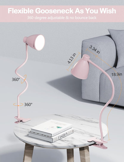 BOHON Desk Lamp 5 Color Modes 10 Brightness Dimmer Reading Light Black | 10W 38 LED Clamp Lamp with Auto Off Timer 360° Flexible Neck Clip on Light for Bed Bedside, AC Adapter Include