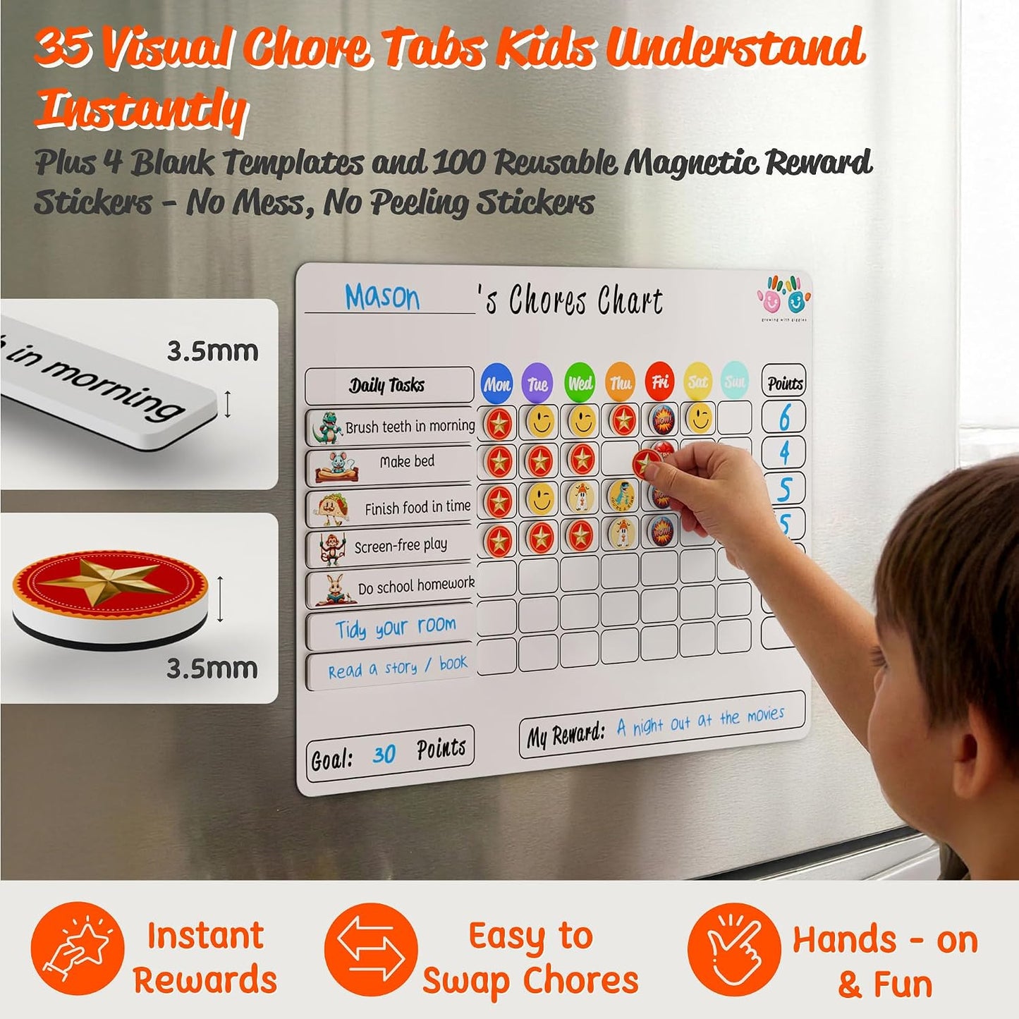Mimi Doodle Magnetic Chore Chart for Kids – 16x12 Dry Erase Daily Responsibility Board for Fridge with 39 Chore tabs, 100 Reward Stickers – Behavior Chart for Kids at Home – Simple Theme