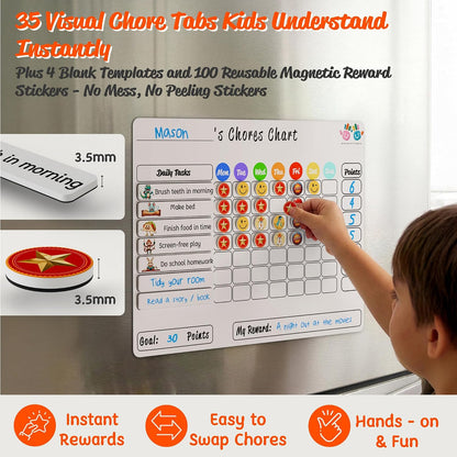 Mimi Doodle Magnetic Chore Chart for Kids – 16x12 Dry Erase Daily Responsibility Board for Fridge with 39 Chore tabs, 100 Reward Stickers – Behavior Chart for Kids at Home – Simple Theme