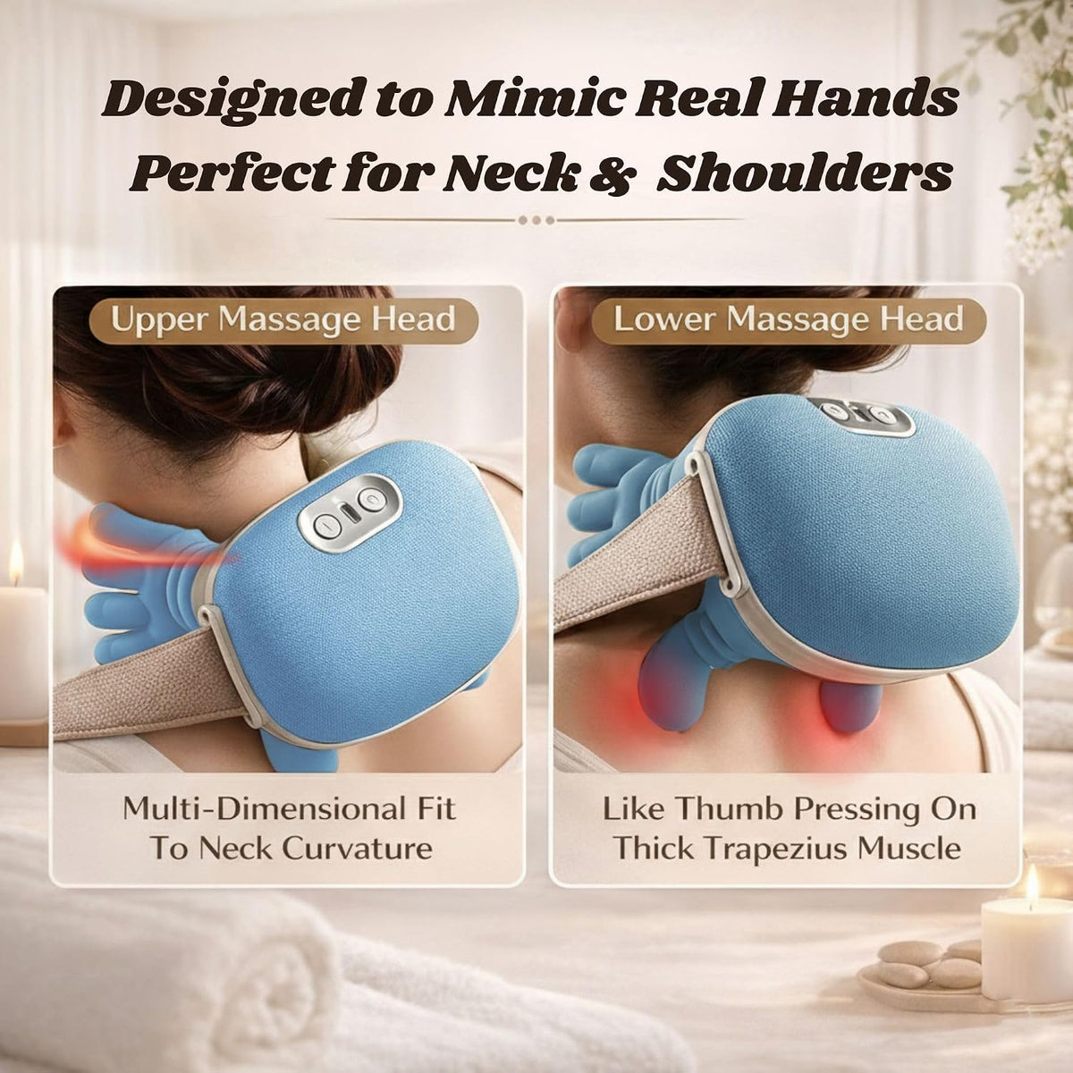 LIVINGPRO Neck & Shoulder Massager with Heat, Deep Tissue Shiatsu with Bionic Palm 4D Kneading, Simulated Human Hand Massage, 3 Adjustable Intensities, Portable Pain Relief for Home & Office