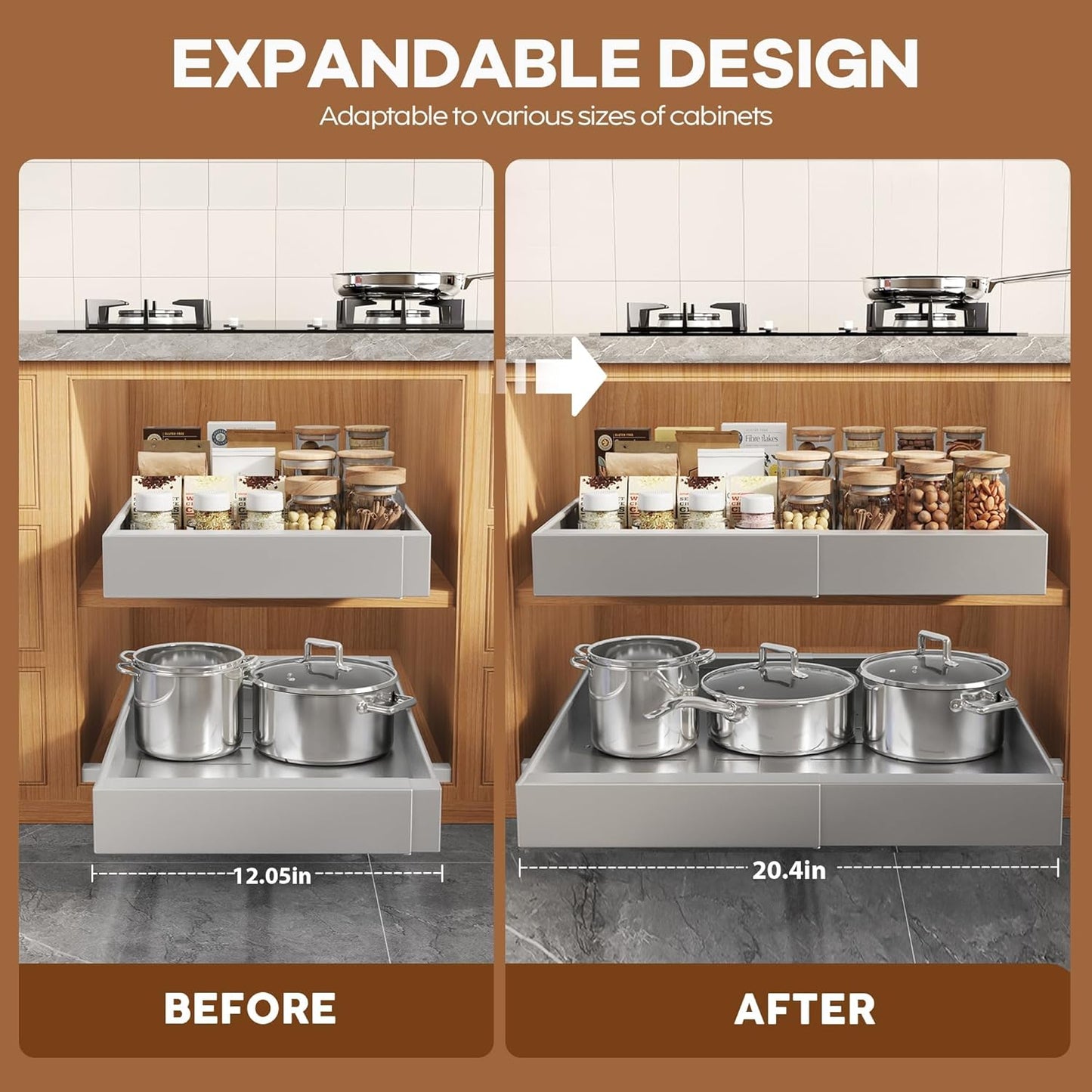 Seinloes 2Pack Expandable Pull Out Cabinet Organizer 21"Deep With Raising Pad for Framed Cabinets, Upgrade 3 Slide Rails Slide Out Drawers, Roll Out Shelves Adhesive,Adjustable Width 12.05"-20.4"White