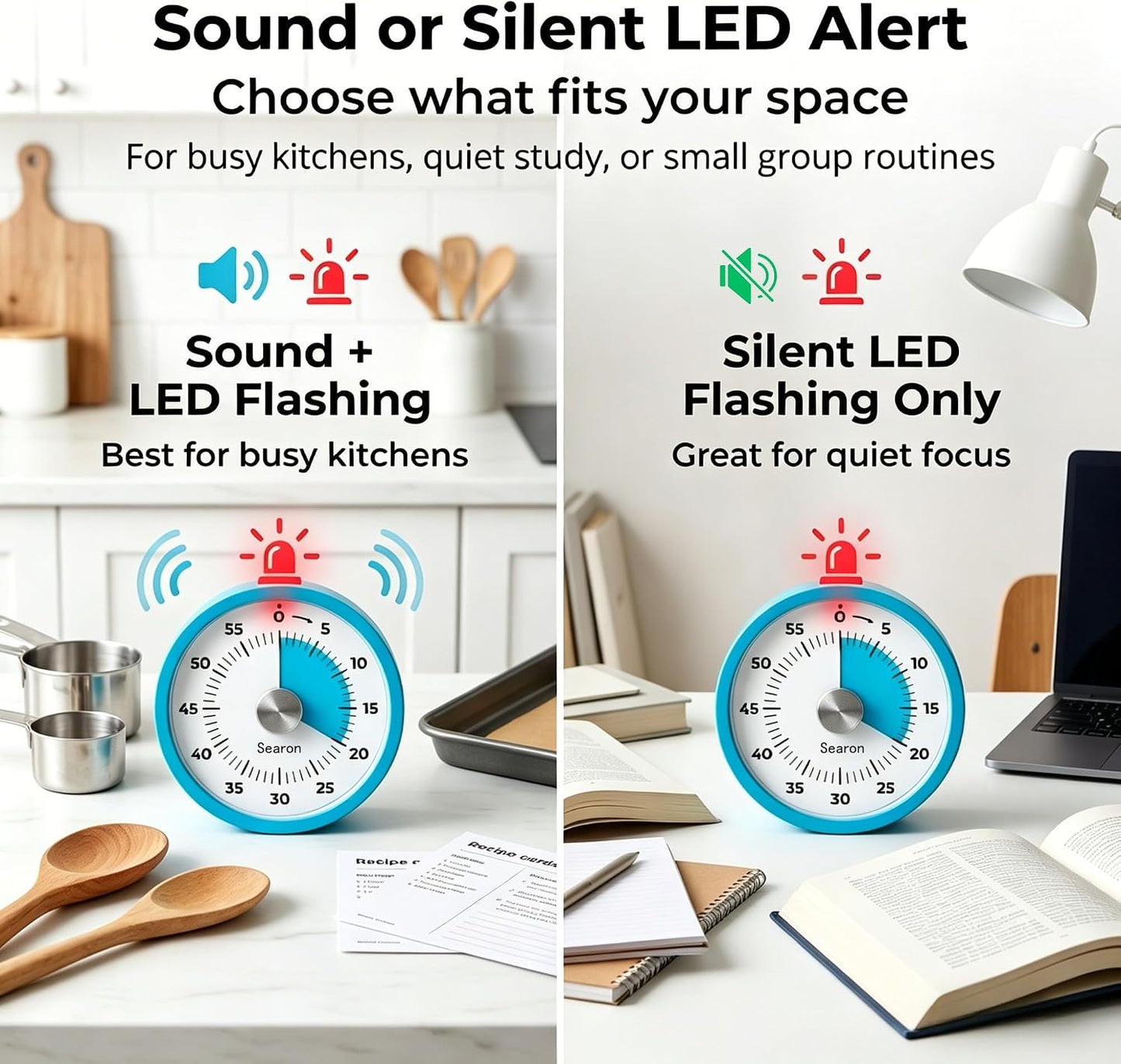 Searon Magnetic Visual Classroom Timer for Teachers, 60-Minute Countdown | No-Tick with Sound or Silent LED Alert, Pause, Magnet/Stand/Hang for Reading, Small Groups & Classroom Routines