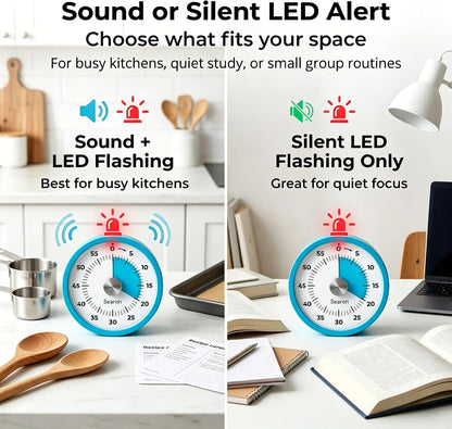 Searon Magnetic Visual Classroom Timer for Teachers, 60-Minute Countdown | No-Tick with Sound or Silent LED Alert, Pause, Magnet/Stand/Hang for Reading, Small Groups & Classroom Routines