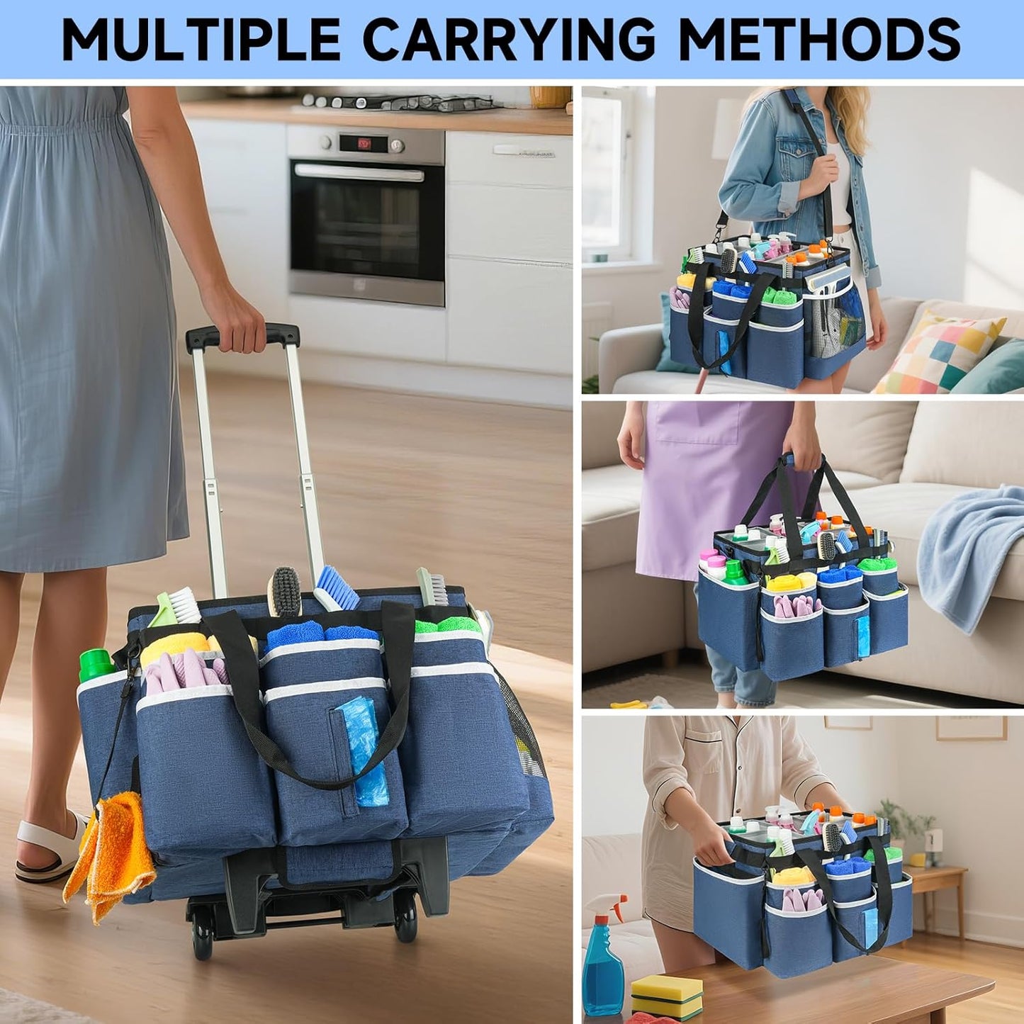 Large Rolling Cleaning Caddy Bag with Detachable Trolley,Cleaning Cart on Wheels with Shoulder Strap,Cleaning Supplies Organizer for Housekeepers,Purple