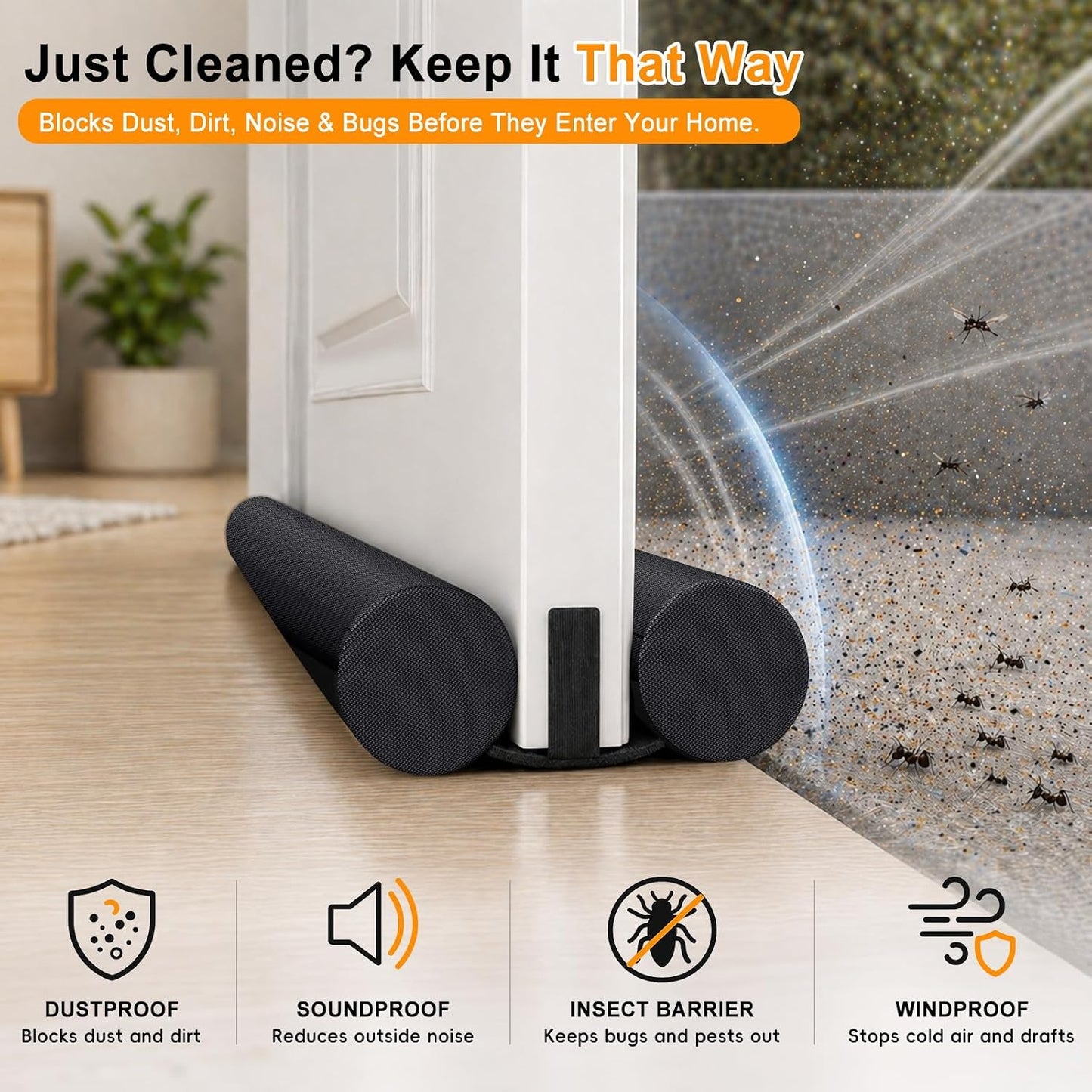 Door Draft Stopper for Bottom of Door, Under Door Draft Blocker with Hook & Loop Fastener, Fits 30–36 Inch Doors, Blocks Cold Air, Dust & Noise