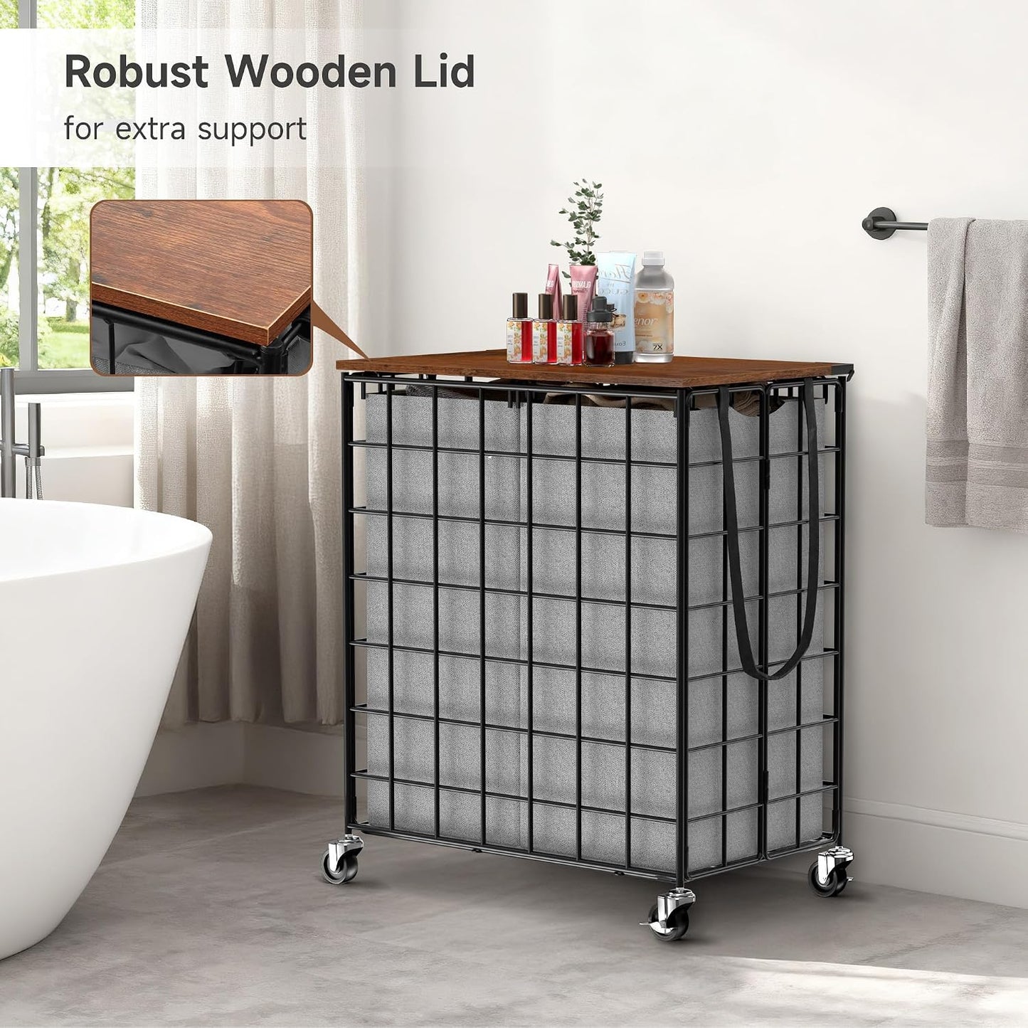 90L Laundry Basket with Wheels, Large Capacity Laundry Hamper with Removable Liner Bags, Heavy Duty Laundry Sorter with Solid Wood Lid & Leather Handles, Grey