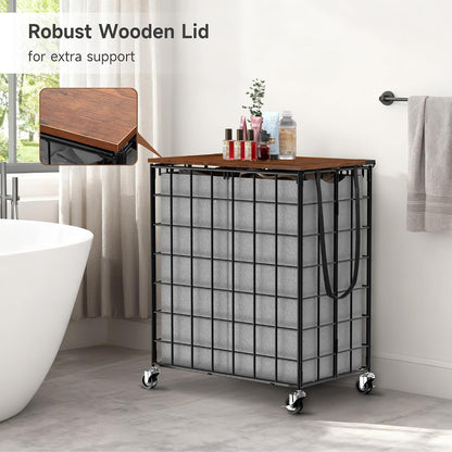 90L Laundry Basket with Wheels, Large Capacity Laundry Hamper with Removable Liner Bags, Heavy Duty Laundry Sorter with Solid Wood Lid & Leather Handles, Grey