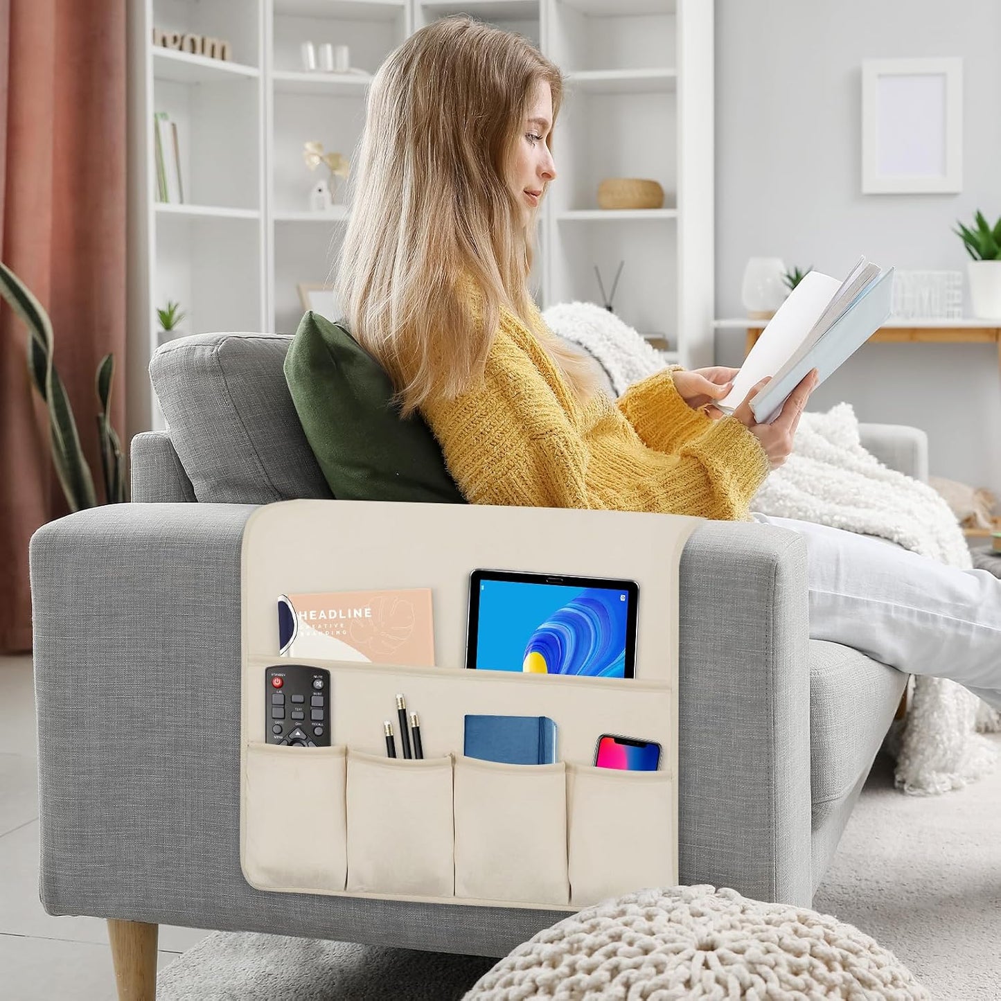 Remote Control Holder for Armchair Caddy, Remote Holder with 5 Pockets | Couch TV Remote Holder with Non-Slip Base, Bedside Caddy Organizer for Key Glasses Phone Magazine (Blue, 35"x12.4")