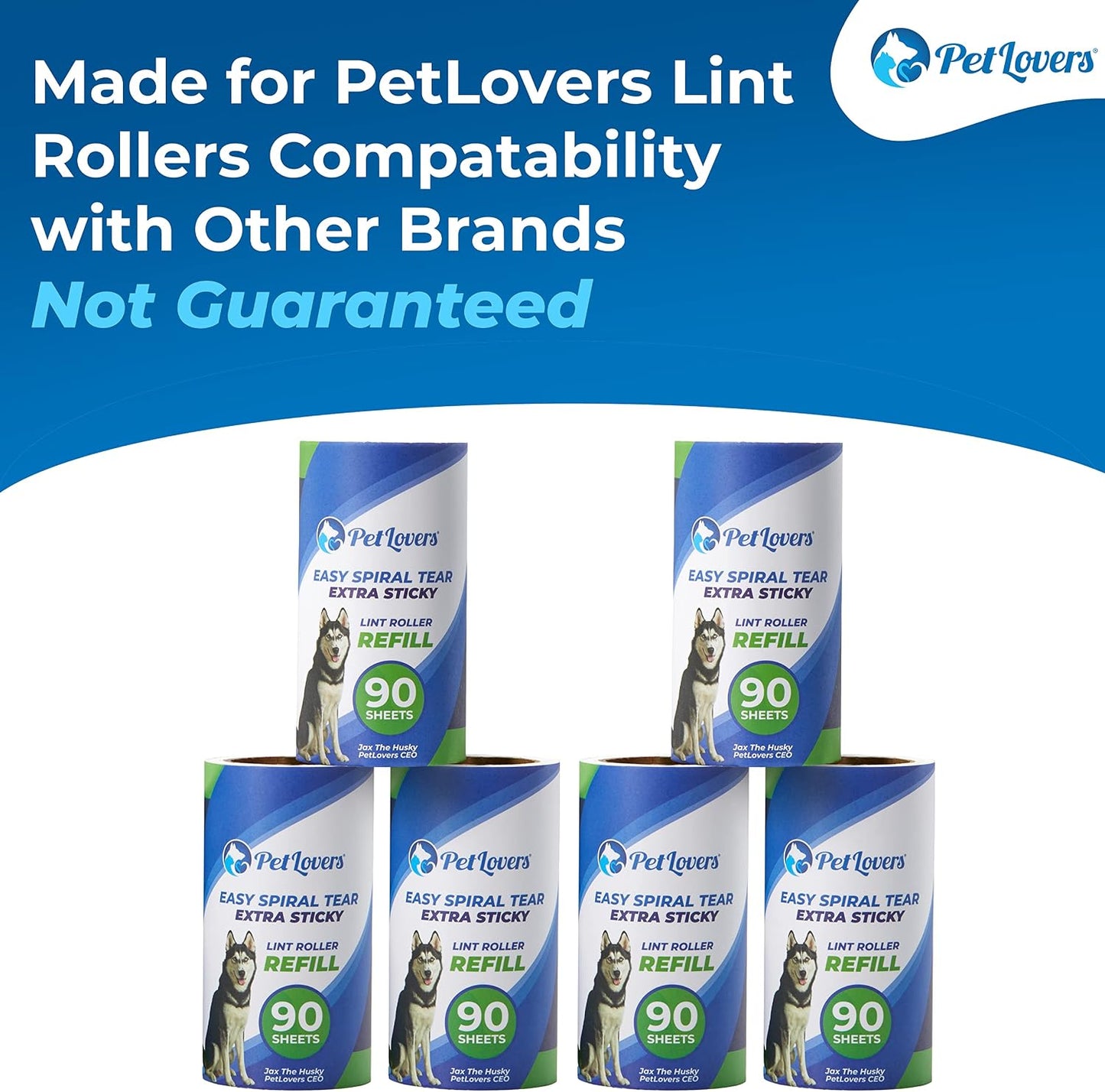 PetLovers Extra Sticky Lint Roller Mega Value Set 450 Sheets for Pet Hair Removal and Clothes, Dog and Cat Lint Remover 5 Pack
