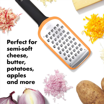 OXO Good Grips Etched Coarse Grater with Handle, Orange | Coarse Kitchen Grater, Sharp Etched Teeth, Non-Slip Handle, Hard Cheese, Vegetables, Chocolate, Easy Grip