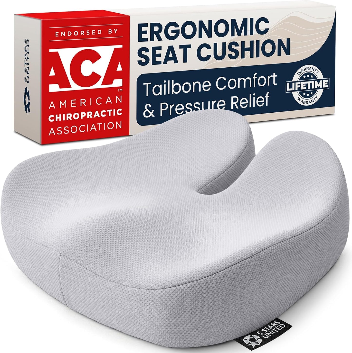 5 STARS UNITED Seat Cushion - Memory Foam Chair Cushion for Tailbone Pain Relief - Ergonomic Support for Coccyx, Sciatica & Butt - Office, Desk & Gaming Chair, Car Seat, Wheelchair, Airplane, Black