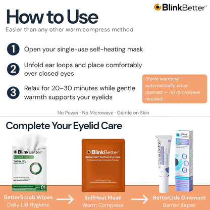 BlinkBetter BetterLids Self-Heating Eye Mask (30 Pack) | Warm Compress Therapy for Dry Eyes, Eyelid Hygiene & Blepharitis Care | Air-Activated Gentle Heat for MGD, Tired Eyes & Daily Lid Support
