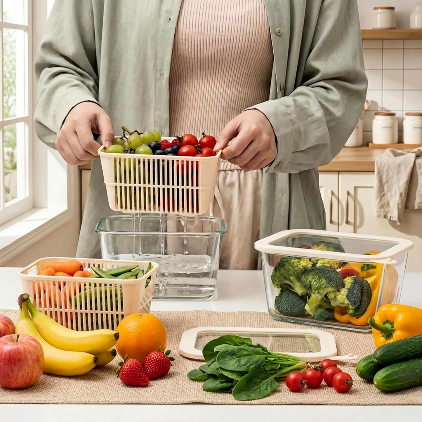 Glass Food Storage Containers with Glass Lids, Microwave Safe Food Container Set, Aitight Meal Prep Container Set, BPA Free, 2 extra Colanders, LeakProof, 2 Pack of 60oz