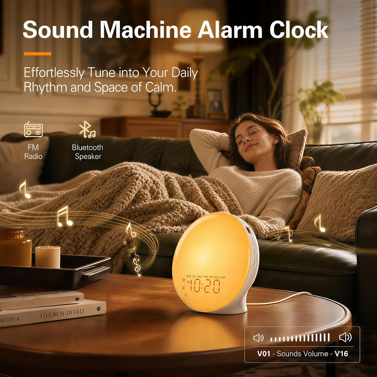 JALL Full-Screen Wake Up Light Sunrise Alarm Clocks for Bedrooms, White Noise Machine for Heavy Sleepers, 25 Natural Sounds, Dual Alarms, FM Radio, 17 Dimmable Colors, Bluetooth Speaker