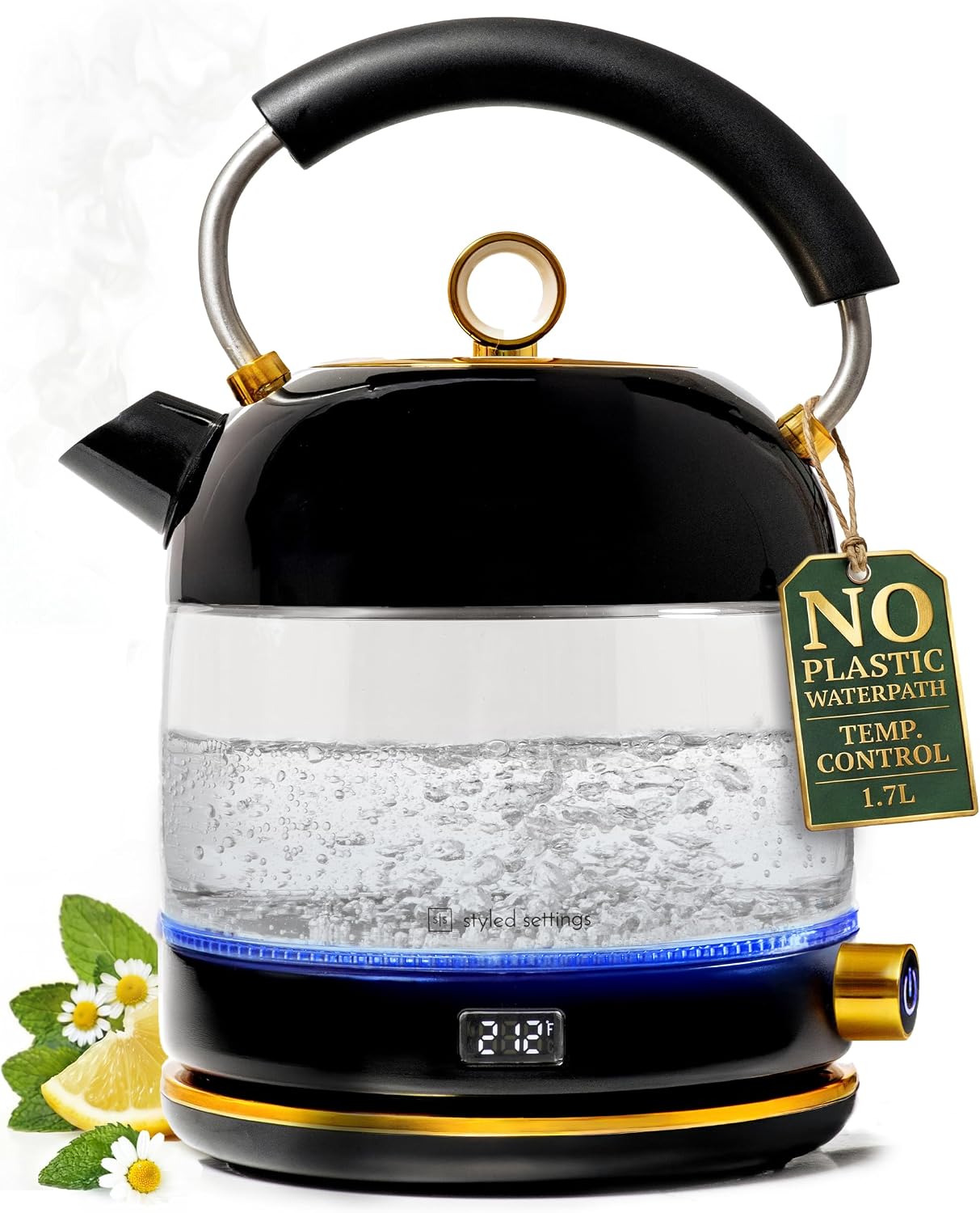 Styled Settings Stainless Steel Electric Kettle with Temperature Control | BPA and Plastic Free Electric Kettle with Keep Warm Function, Borosilicate Glass -1500W Hot Water Boiler with Digital Display