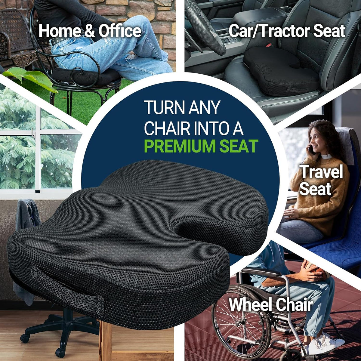 Season Guard Gel Memory Foam Seat Cushion for Tailbone Pain Relief, Black