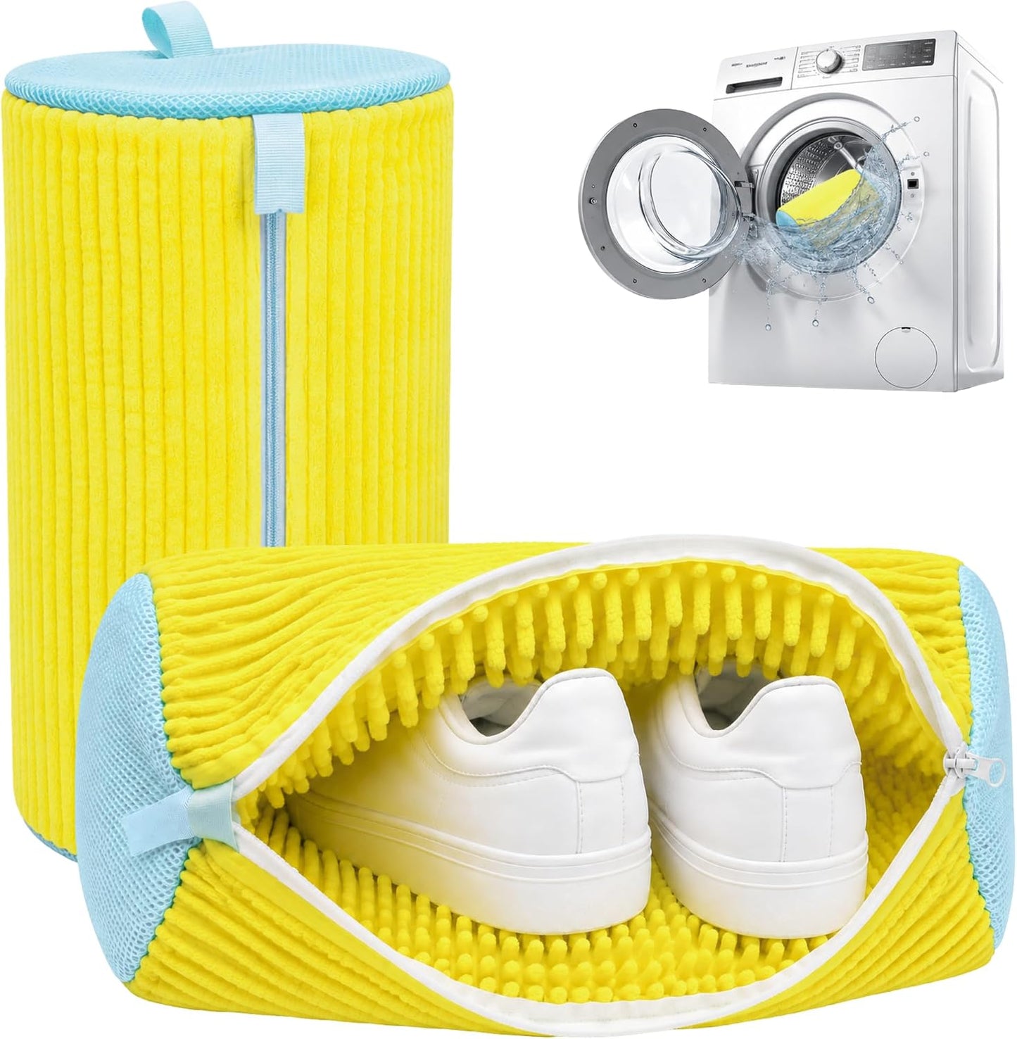 Premium Shoe Washing Machine bag 2 Pack – 360° Self-Locking Zipper Reusable Sneaker Laundry Set – Heavy-Duty Microfiber Shoe Washing Bag for Washer & Dryer, Boots & Athletic Footwear (Yellow)