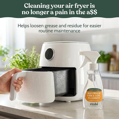 Roobi Air Fryer Cleaner, 6 Powder Sachets + Brush | Deep Cleans Drawer, Basket & Grill Without Scrubbing, Coating-Safe, Food-Contact Safe, Organic