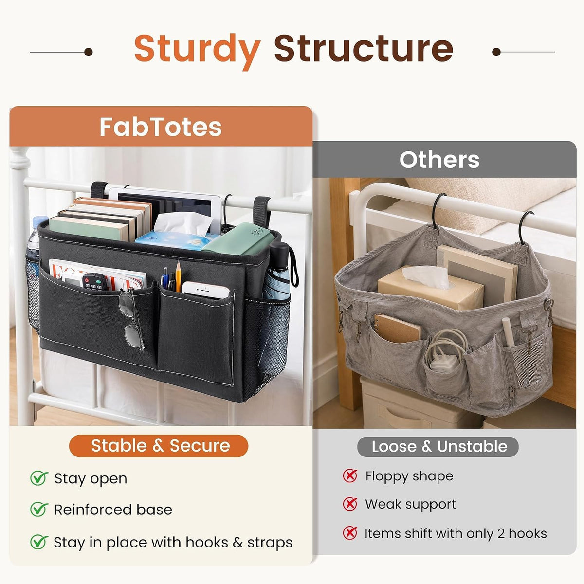 Fab totes Bedside Caddy for Dorm Bed, Bedside Storage Bag Hanging Organizer