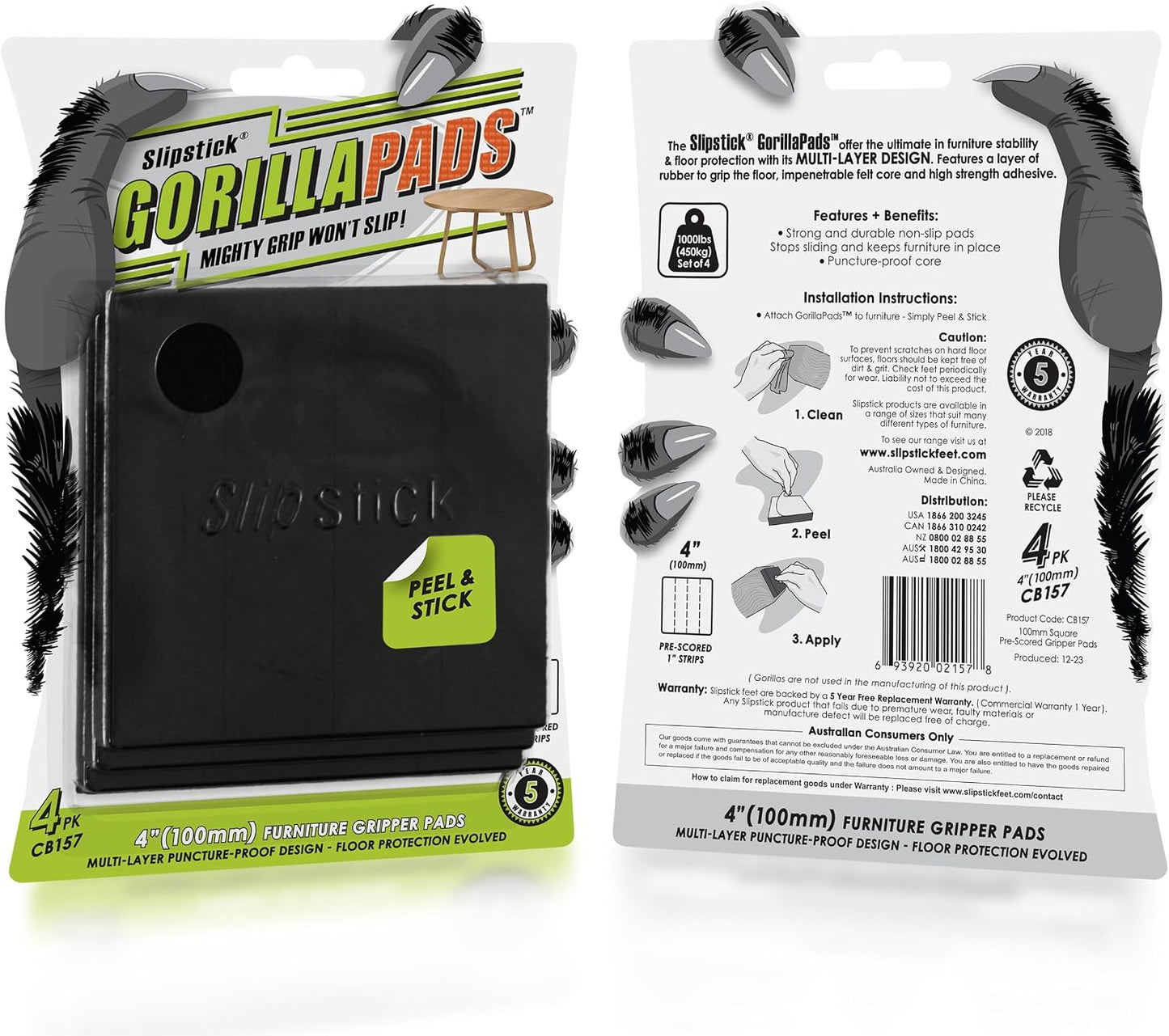 Slipstick GorillaPads CB147 Non Slip Furniture Pads/Gripper Feet (Set of 16) Self Adhesive Rubber Floor Protectors, 1 inch Round, Black