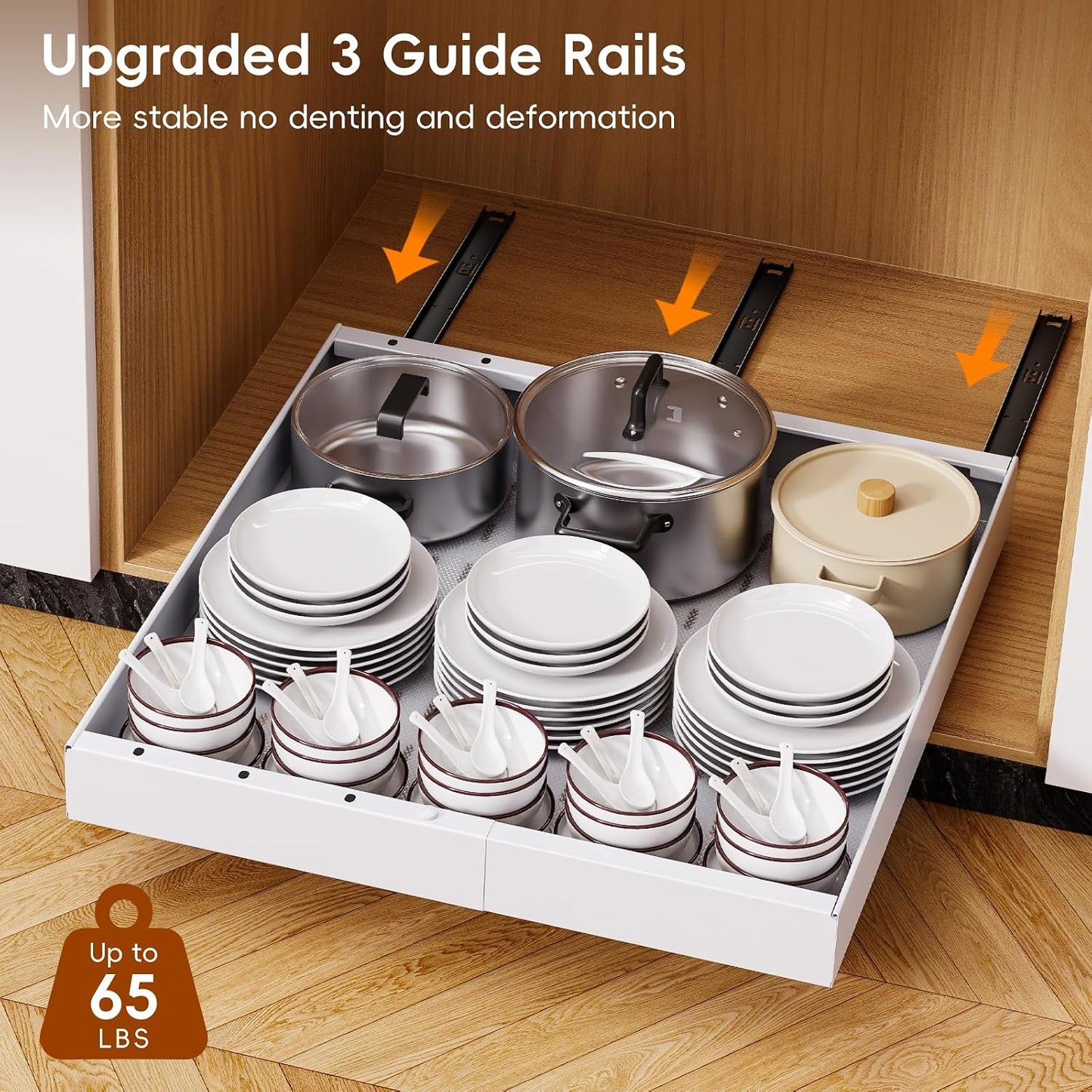 Pull Out Cabinet Organizer, 21"Deep Slide Out Drawers for Kitchen Cabinets | Adjustable Width 12.05"-20.4", For Framed/Frameless cabinets, No Drill Adhesive, 3‑Rail Smooth Glide, Height-Raising Pads