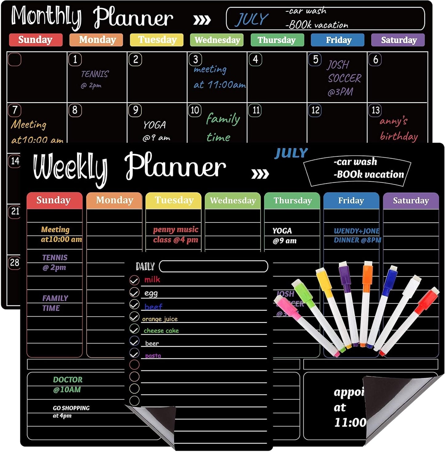 Hivillexun Magnetic Dry Erase Calendar Whiteboard Set (4-Pack) for Home and Kitchen, with Monthly and Weekly Views (16.5” x 11.8”), Magnetic Whiteboard and Daily Planners (12” x 8”) 8 Markers & Eraser