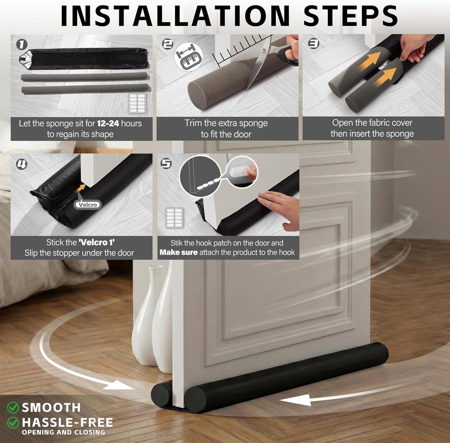 MAXTID Under Door Draft Stopper for Bottom of Doors 38" Black | Door Blocker Noise Reduce Light Cold Air Guard Breeze Sound Proof Door Sweep Door Seal Insulation Strip Gap Filler