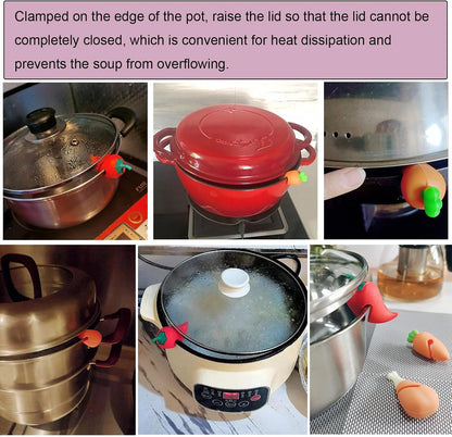 6 Pack Pot Lid Lifter Silicone Heat Resistant Spill Proof Pan Cover Stand Holder Clip Steam Releaser Stopper for Soup Pots Kitchen Gadgets (Carrot, Pepper, Chicken Leg 3 Style)