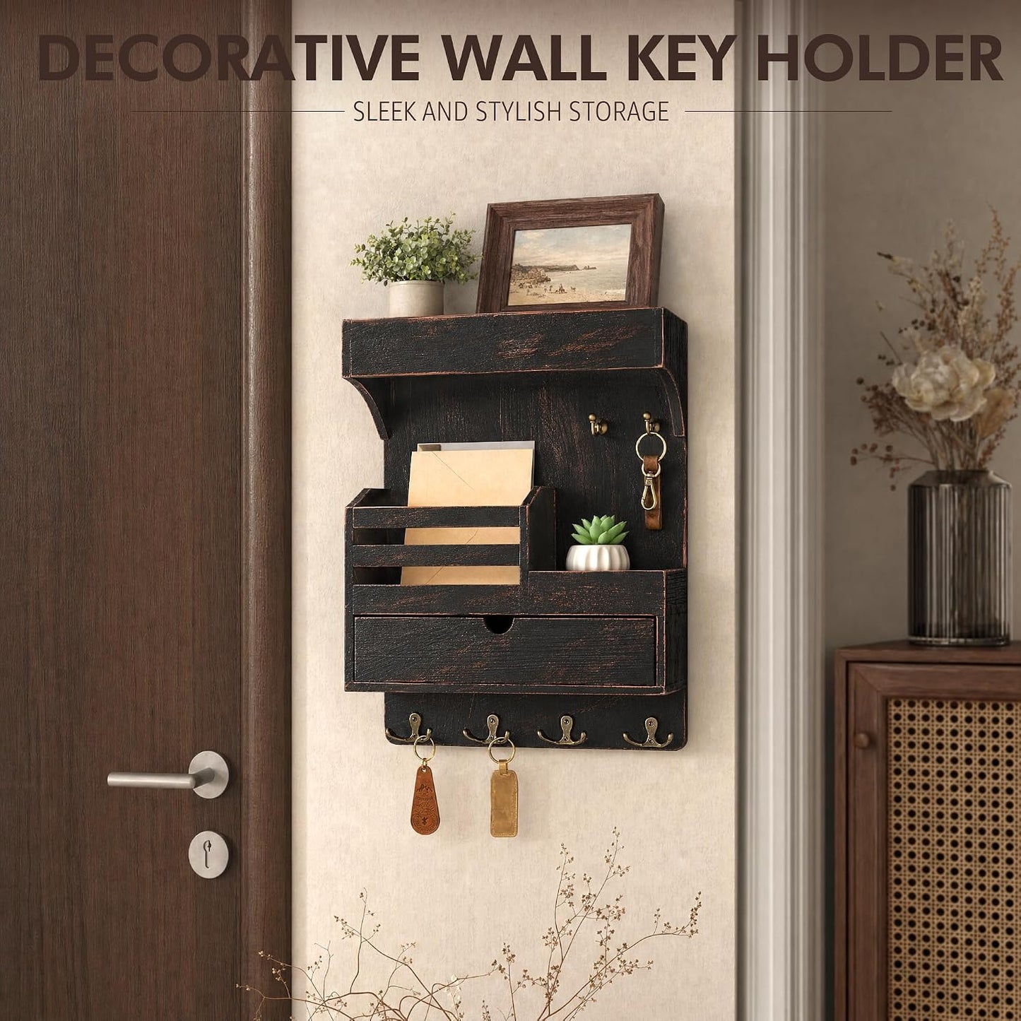 Rebee Vision Key Holder Wall Mount with Drawer Organizer for Entryway,Brown | Pine Wood, 6 Key Hooks, Display Shelf for Plants, Mail Slot for Storage Letter, Multi-Funtional Design, Home Storage