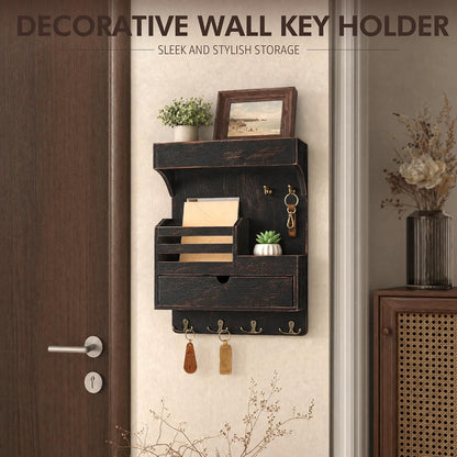 Rebee Vision Key Holder Wall Mount with Drawer Organizer for Entryway,Brown | Pine Wood, 6 Key Hooks, Display Shelf for Plants, Mail Slot for Storage Letter, Multi-Funtional Design, Home Storage