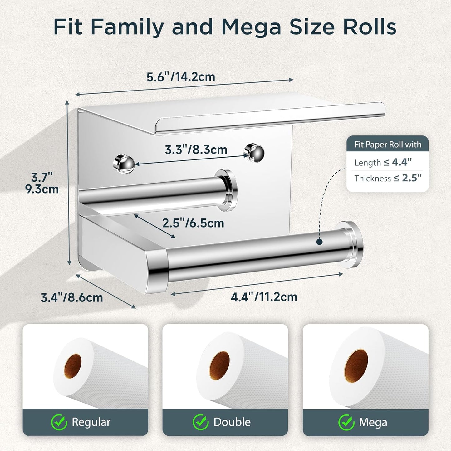 FORIOUS Toilet Paper Holder with Shelf, Adhesive or Screw, Commercial | Brushed Nickel | Wall Mount Bathroom Tissue Holder | SUS304 Stainless Steel Rustproof | Bathroom Tissue Roll Holder