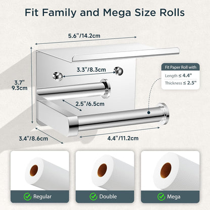 FORIOUS Toilet Paper Holder with Shelf, Adhesive or Screw, Commercial | Brushed Nickel | Wall Mount Bathroom Tissue Holder | SUS304 Stainless Steel Rustproof | Bathroom Tissue Roll Holder