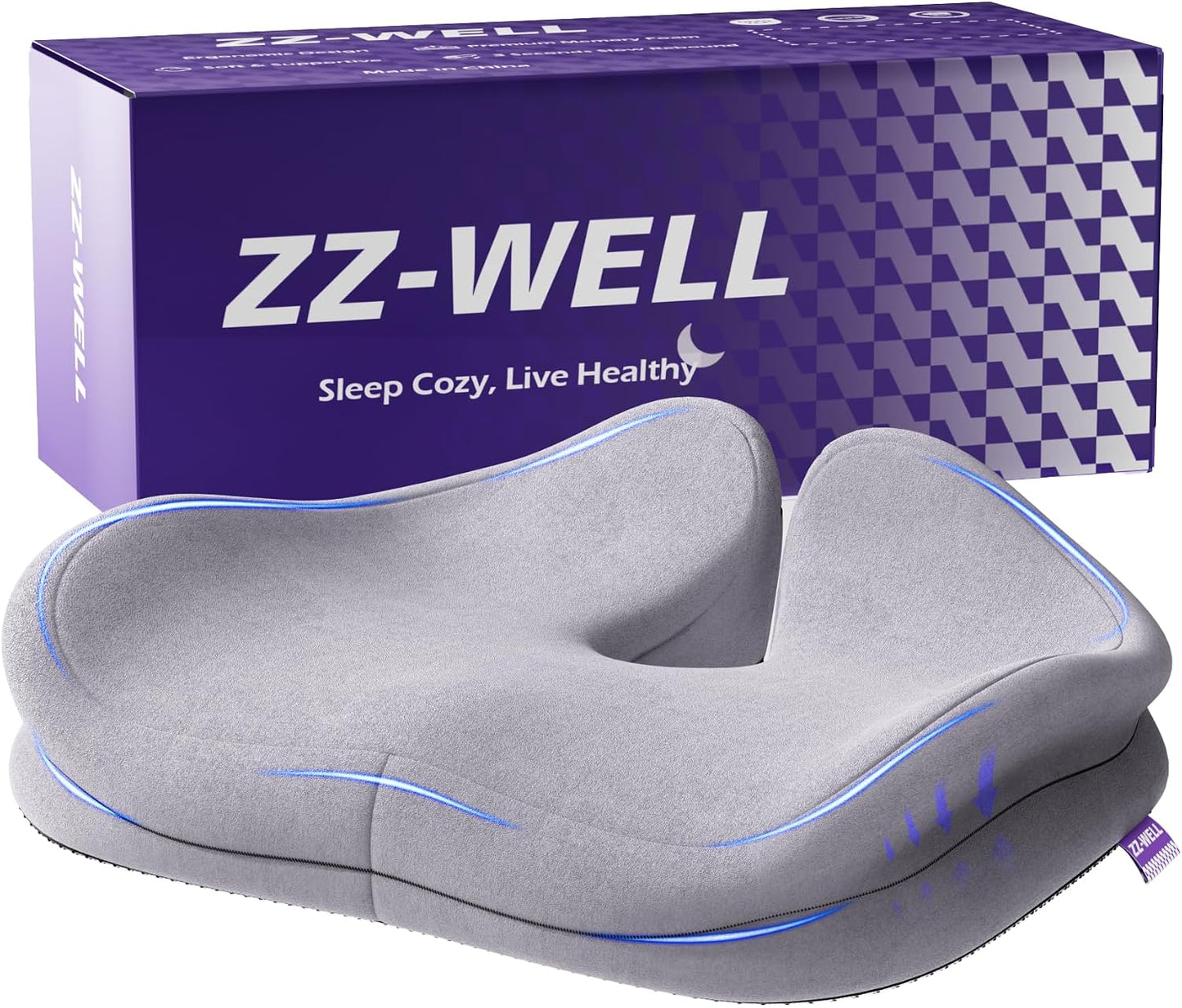 ZZ-WELL Seat Cushions for Office Chairs, Coccyx Cushion for Tailbone Pain, Memory Foam Butt Pillows for Computer Gaming Chair, Patented Pressure Relief Design Chair Cushion (Light Grey, XX-Large)