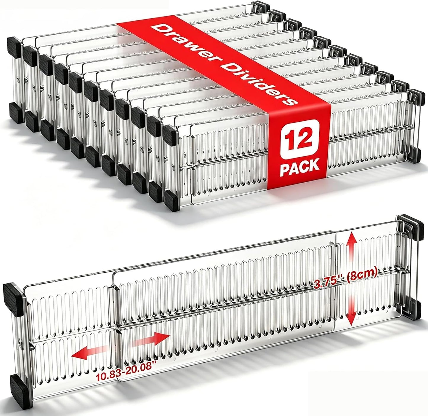 12 Pack Drawer Dividers for Clothes, 3.15" High, 10.83-20.08'' Adjustable | Clear Plastic Expandable Dresser Dividers Drawer Separators For Kitchen, Nursery Baby Clothing, Underwear Cosmetic Organizer