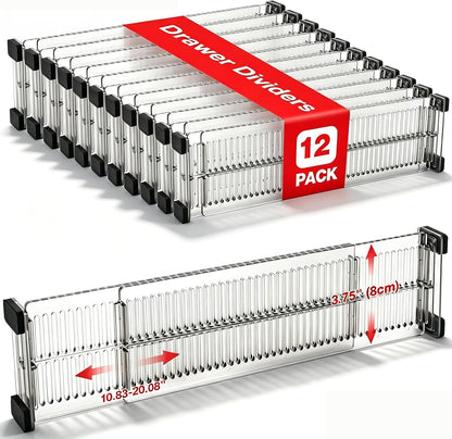 12 Pack Drawer Dividers for Clothes, 3.15" High, 10.83-20.08'' Adjustable | Clear Plastic Expandable Dresser Dividers Drawer Separators For Kitchen, Nursery Baby Clothing, Underwear Cosmetic Organizer