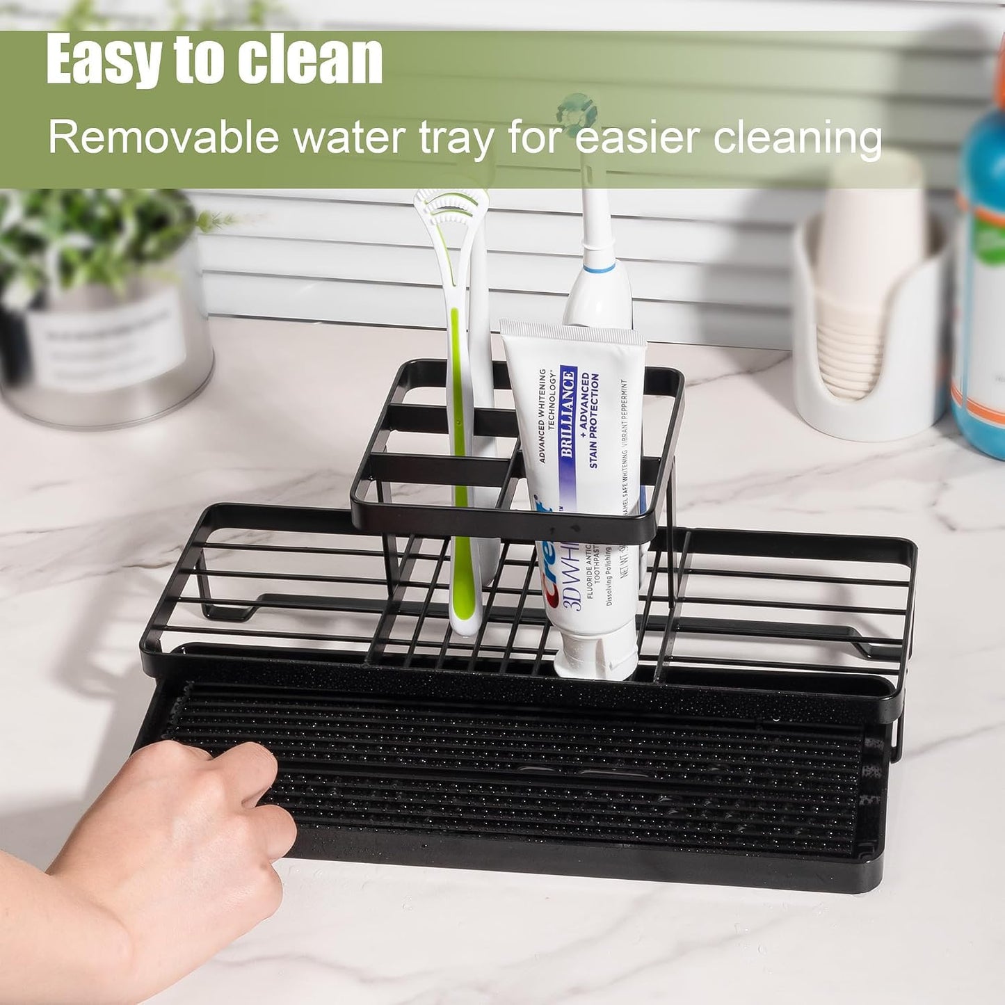 Toothbrush Holders Toothpaste Organizer Bathroom Accessories, Matte Black | Carbon Steel, 4 Slots, Removable Drip Tray, Easy to Clean, Electric Toothbrush Storage, for Countertop, Shower, Sink