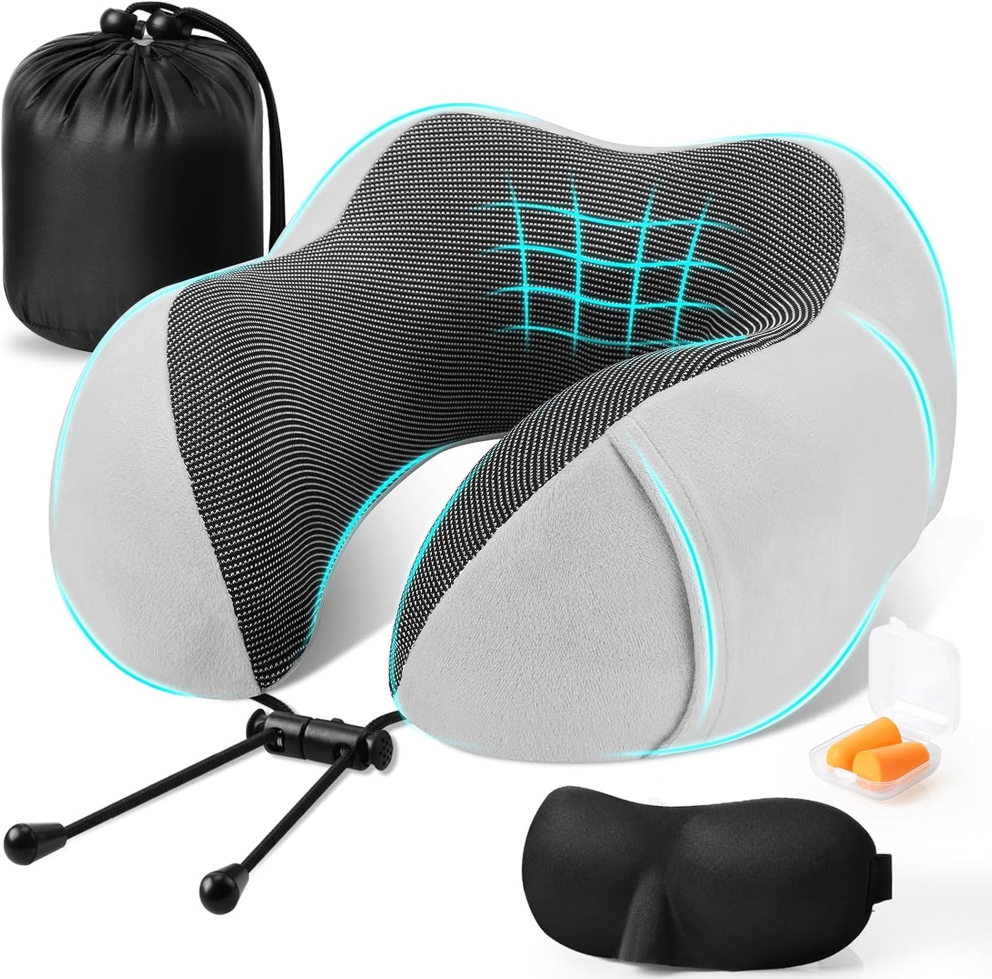 CloudBliss Neck Pillow for Airplanes, Memory Foam Travel Pillow, Black | Compact Flight Pillow with Eye Mask, Earplugs, Carry Bag, Travel Neck Pillow for Long Flight Sleep, Plane Travel Essentials