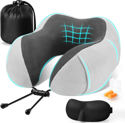 CloudBliss Neck Pillow for Airplanes, Memory Foam Travel Pillow, Black | Compact Flight Pillow with Eye Mask, Earplugs, Carry Bag, Travel Neck Pillow for Long Flight Sleep, Plane Travel Essentials