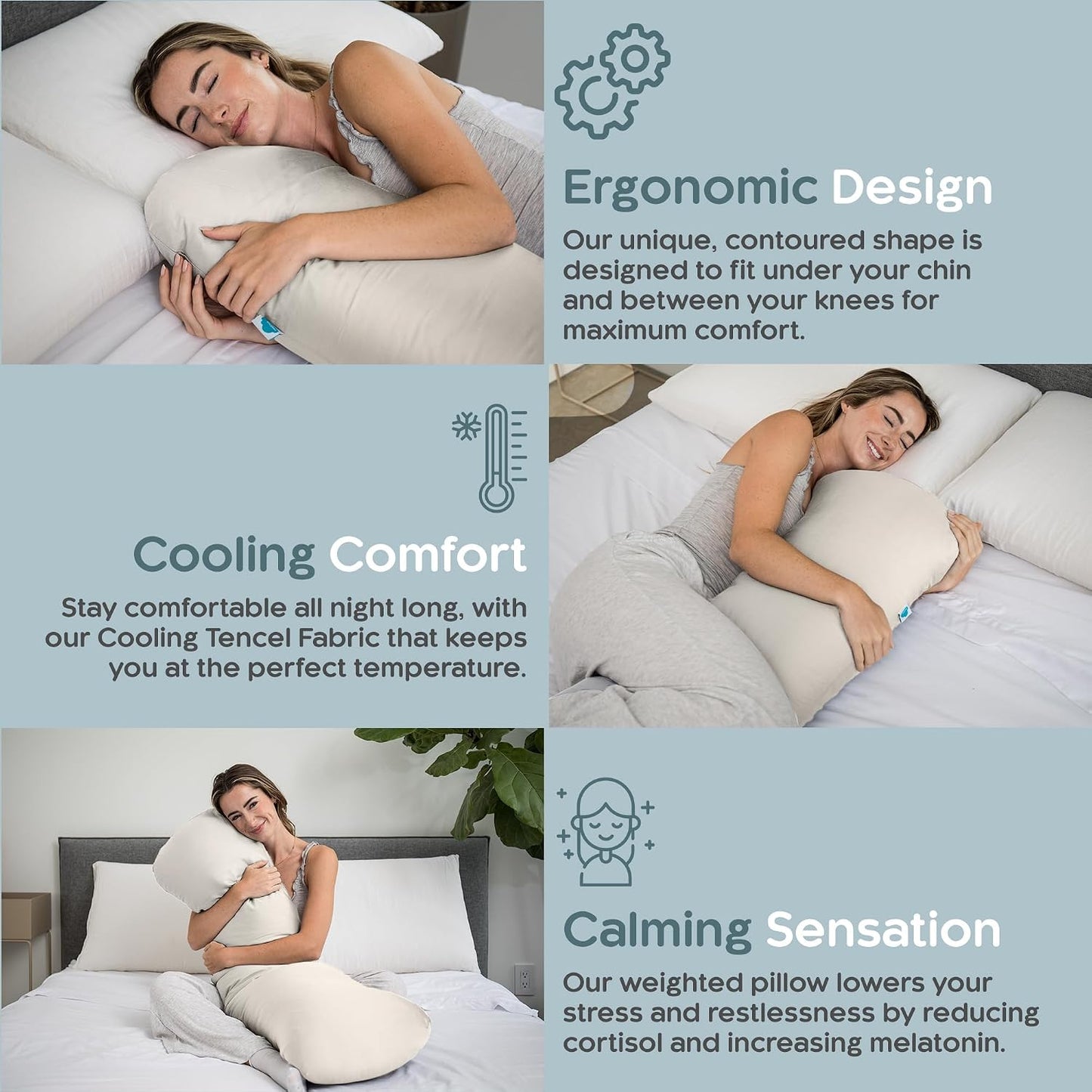 Weighted Body Pillow 6.5lbs, Cooling Tencel Cover, 41” x 10” | Calming Weighted Comfort, Breathable Cooling Cover, Machine Washable, Made for Side Sleepers, 12 Month Warranty