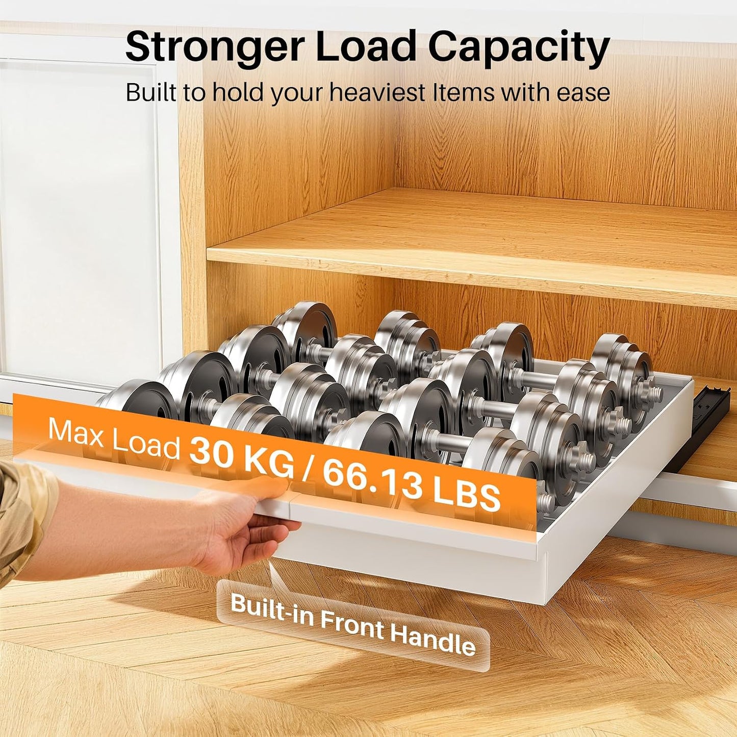 Pull out Cabinet Organizer, 1-Pack Expandable(13.6"-24") Silde out Drawers with Raising Pad for Framed Cabinets, Adjustable Full-Extension Adhesive Roll out Shelves for Kitchen Pantry Home Pot and Pan