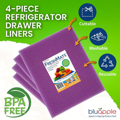 Bluapple FreshMats - Refrigerator Bin Liners, Fridge Drawer Mats - Keeps Produce Fresh Longer, Prevents Bruising, Promotes Air Circulation - BPA-Free Polyurethane Foam - (4-Piece Set, 12"x15", Green)