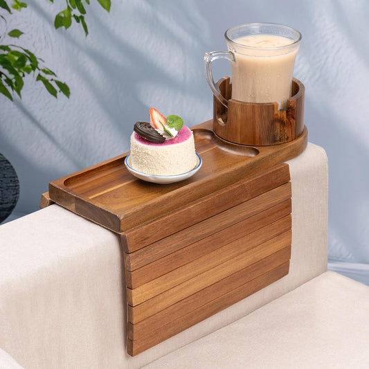 Couch Cup Holder for Armrests Over 4.9" Wide with 360° Phone Stand Walnut | Couch Arm Tray with 360° Rotating Phone Stand, 3 in 1 Foldable Sofa Arm Tray Table for Remote, Snacks, Phone, Drinks
