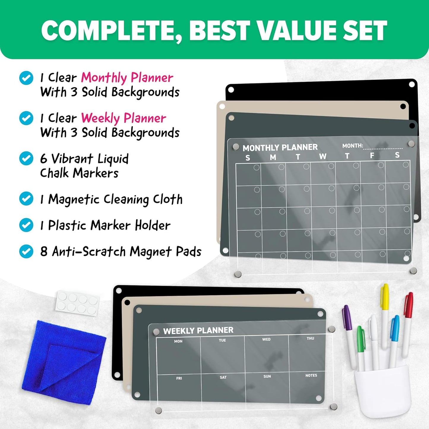 Acrylic Calendar for Fridge - Magnetic Calendar for Refrigerator - 2pc Family Refrigerator Magnetic Dry Erase Planning Board Monthly Weekly - 6 Liquid Chalk Markers & 3 Interchangeable Backgrounds