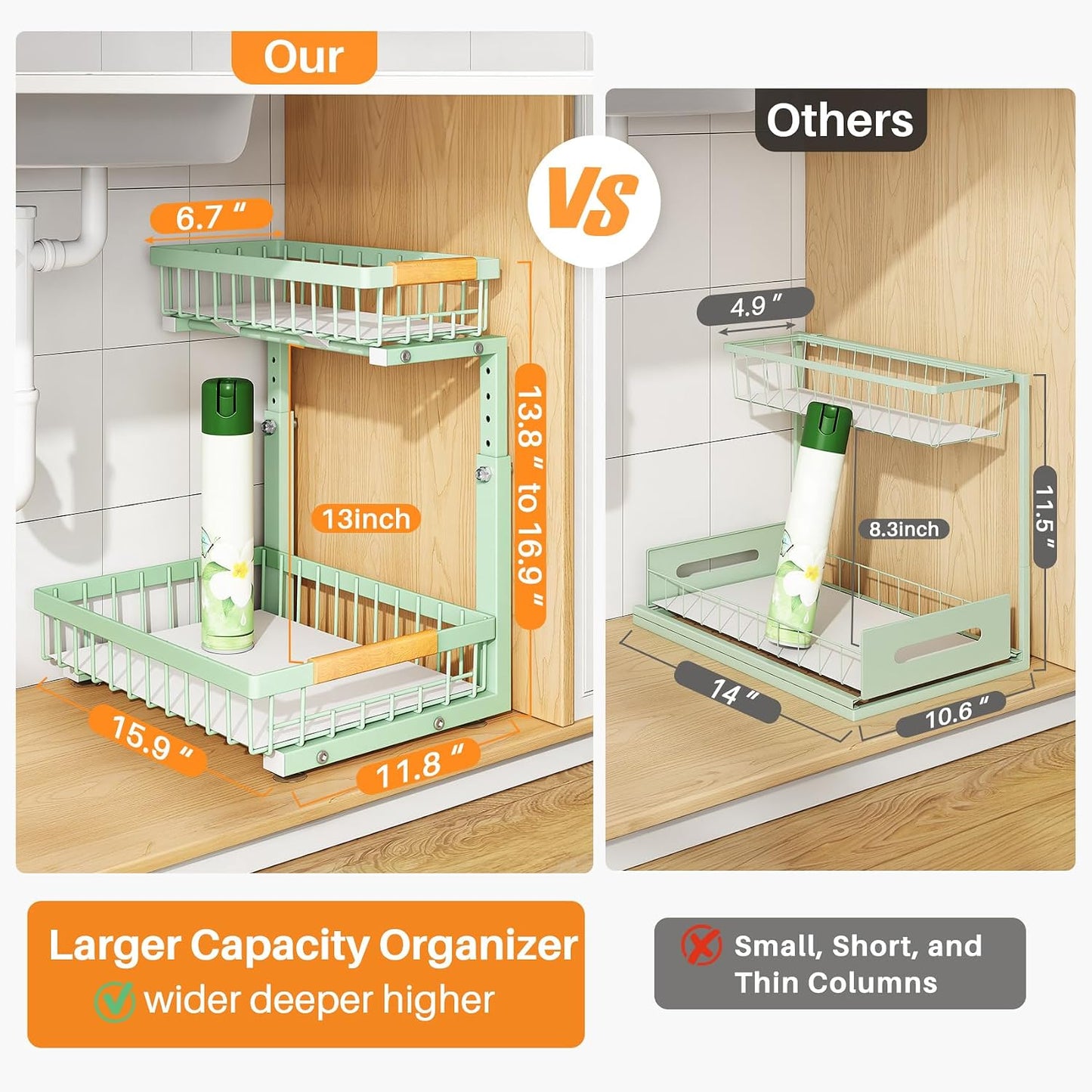 PXRACK Under Sink Organizer, Adjustable Height, 2 Tier Pull Out Under Cabinet Organizer, Slide Out Thickened Metal Under Sink Storage for Kitchen Bathroom Laundry Pantry Cabinet, White, Large-2-Pack