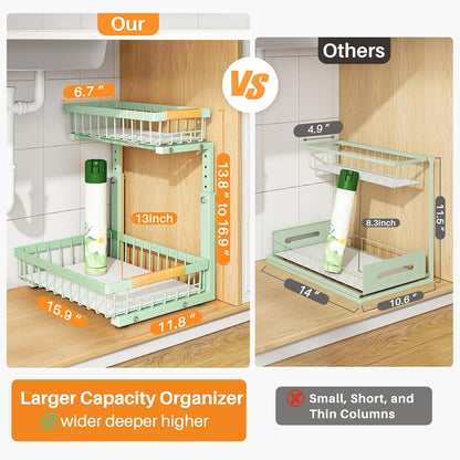 PXRACK Under Sink Organizer, Adjustable Height, 2 Tier Pull Out Under Cabinet Organizer, Slide Out Thickened Metal Under Sink Storage for Kitchen Bathroom Laundry Pantry Cabinet, White, Large-2-Pack