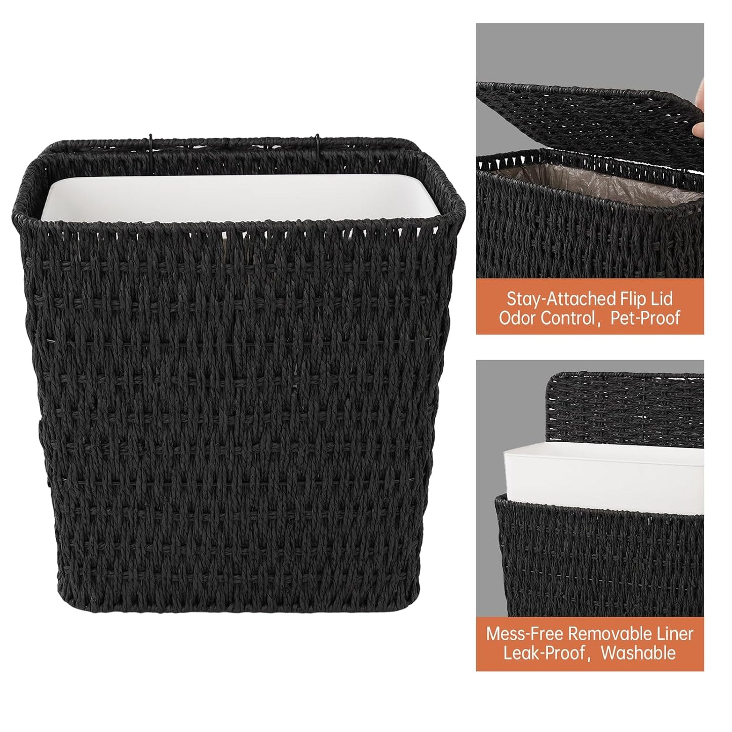 Coeusy 3 Gallon Wicker Trash Can,Small Bathroom Trash Can with Lid,Natural Water Hyacinth Wicker Waste Basket for Bedroom,Toilet,Narrow Garbage Can with Removable Liner