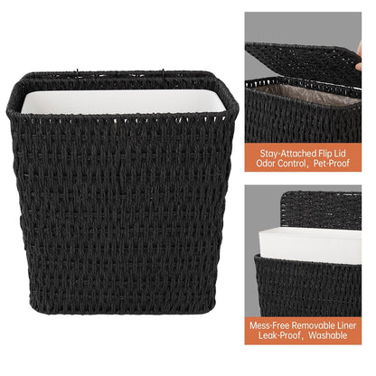 Coeusy 3 Gallon Wicker Trash Can,Small Bathroom Trash Can with Lid,Natural Water Hyacinth Wicker Waste Basket for Bedroom,Toilet,Narrow Garbage Can with Removable Liner