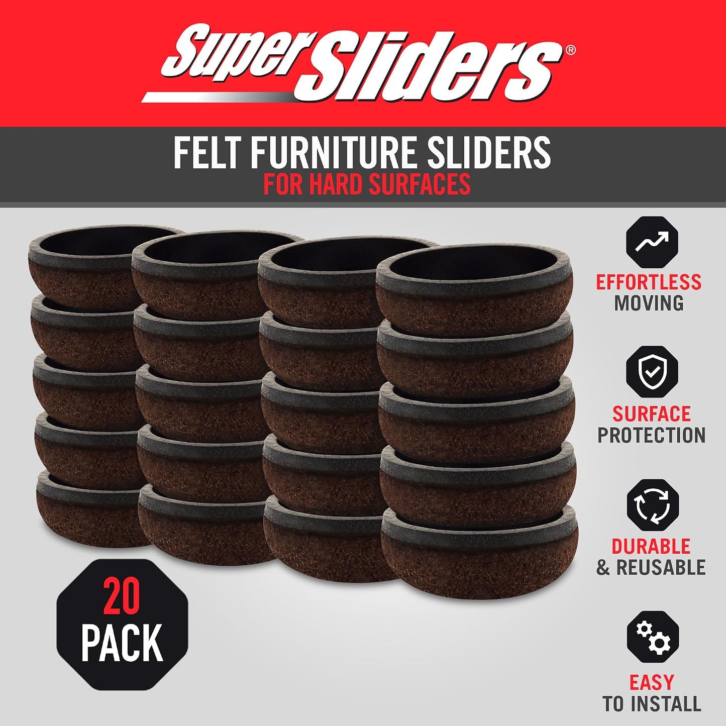 Super Sliders Secure Grip Formed Felt Movers for Furniture to Protect Hard Surfaces, 1.5", Walnut Brown (4 Pack)