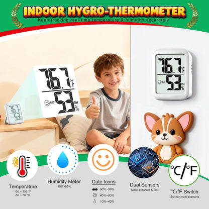 2 Pack Room Thermometer Indoor Hygrometer | Monitor Temperature & Humidity, Accurate, Fast Read, Easy To View, Magnetic/Kickstand/Hanging, ℉/℃, w/ Battery, Compact