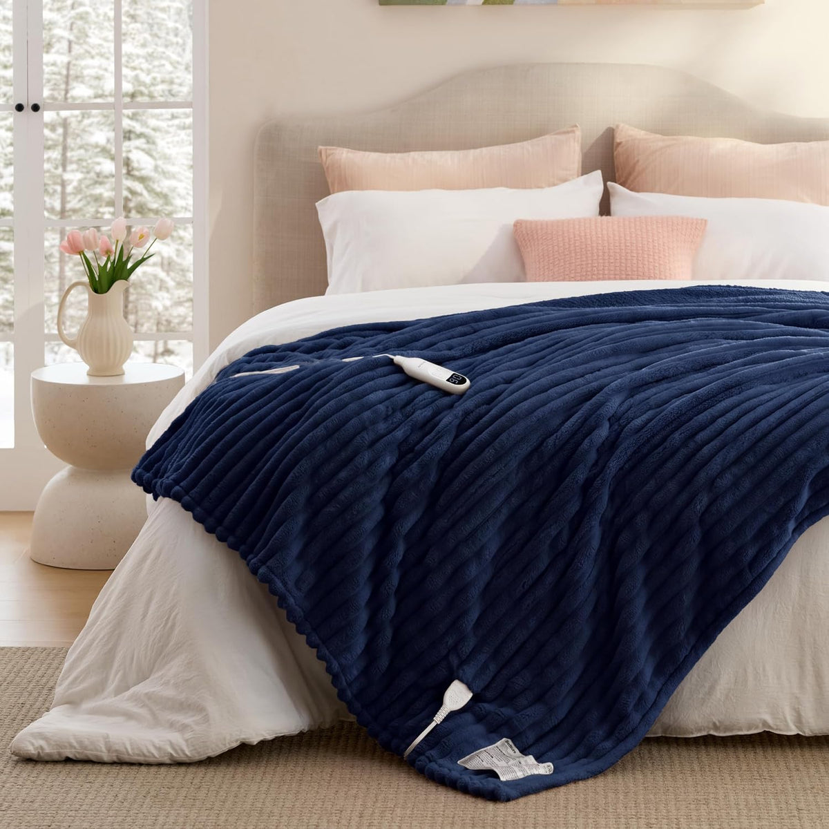 Bedsure Heated Blanket Electric Throw - Thick Striped Fast Heating Electric Blanket with Preheat Function, 6 Heat & 6 Timer (Up to 10H), 8H Auto Off, ETL Certified, Gifts for Women (50"x60", White)